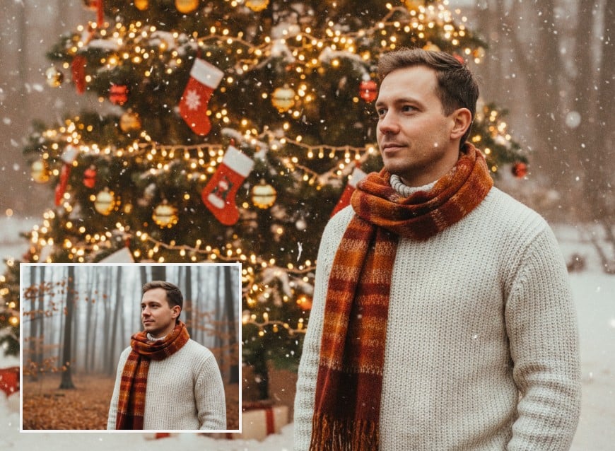 男性の写真背景をクリスマス仕様に変えるclipflyフィルター