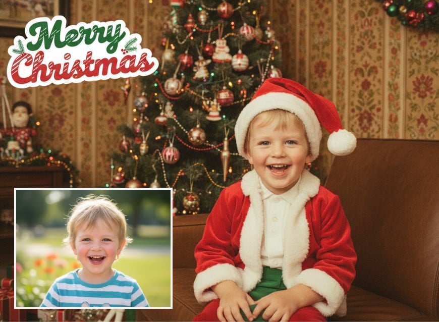 男の子の写真を使ったclipflyクリスマスカードテンプレートの適用例