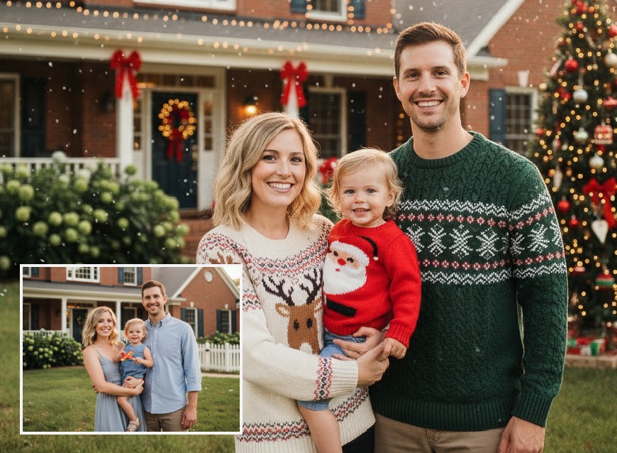 clipflyを使った家族グループ写真のクリスマス加工例