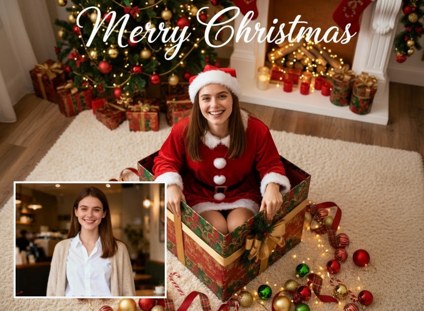 女性がプレゼント箱に入っているclipflyギフトボックスフィルターの画像加工例