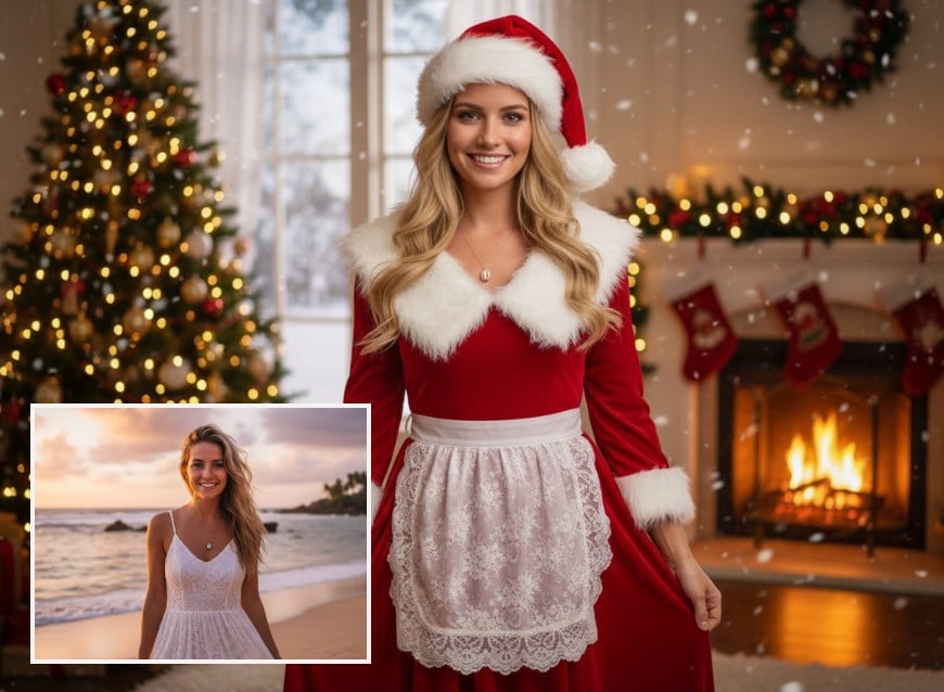 女性をミセス・クロースに変身させるclipflyフィルター