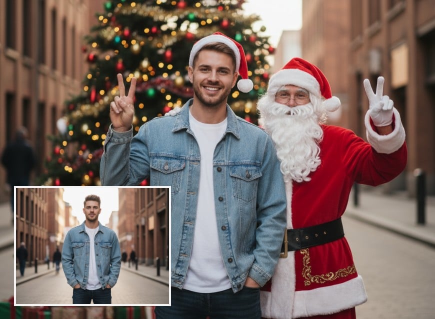 男性がサンタクロースと並んで写るclipfly写真エフェクト