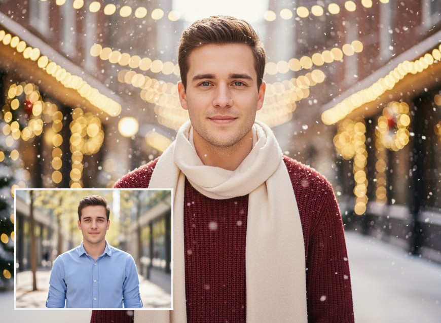 男性の写真を雪景色にするclipfly雪フィルター