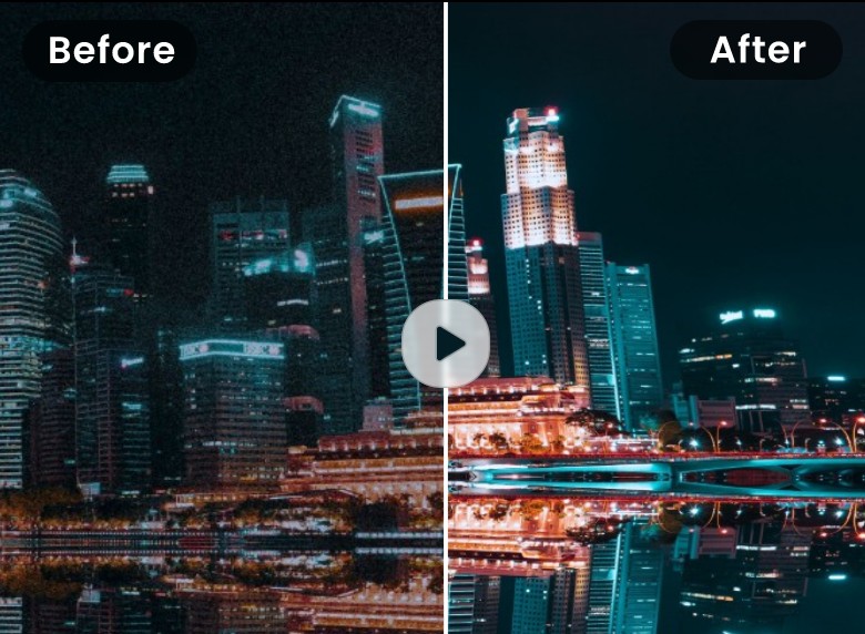 Comparação de efeitos do melhorador de vídeo Clipfly com uma cena nocturna numa cidade