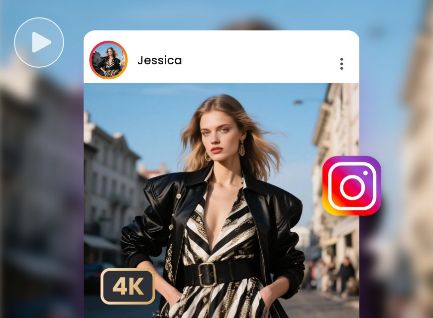 Convert a video of a girl wearing a black jacket and zebra print skirt to 4 K and upload it to Instagram