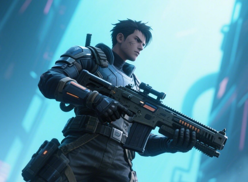 créer un personnage de jeu masculin avec une cicatrice au visage portant un uniforme de combat et tenant une mitrailleuse