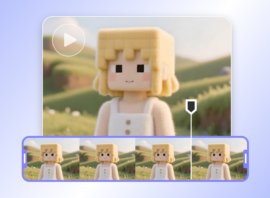 Crie um vídeo de montagem no Minecraft de uma garota de vestido branco e cabelo curto loiro