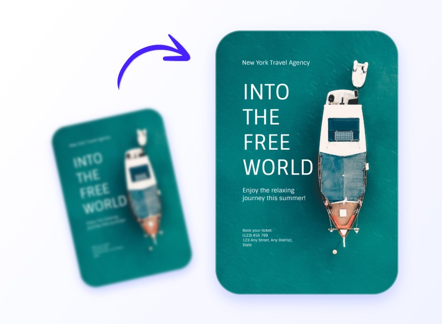 Enlarge a promotional poster of a New York travel agency and unblur the text in it