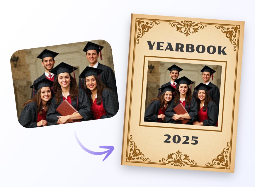 Generate a vintage yearbook cover and add a yearbook group photo to print