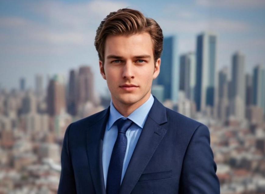créer un visage réaliste en ligne gratuitement d'un homme aux cheveux courts en costume bleu foncé, avec un fond de ville moderne