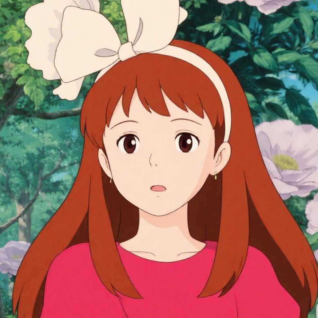 Ghibli girl avatar with long orange hair and red blouse White head with bow decoration