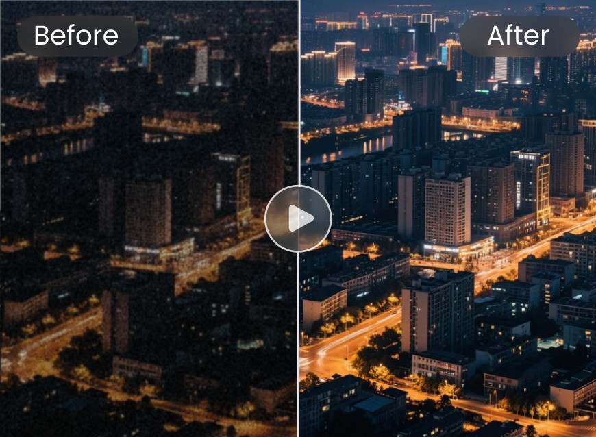 Make a video of a city at night clearer brighter and remove noise