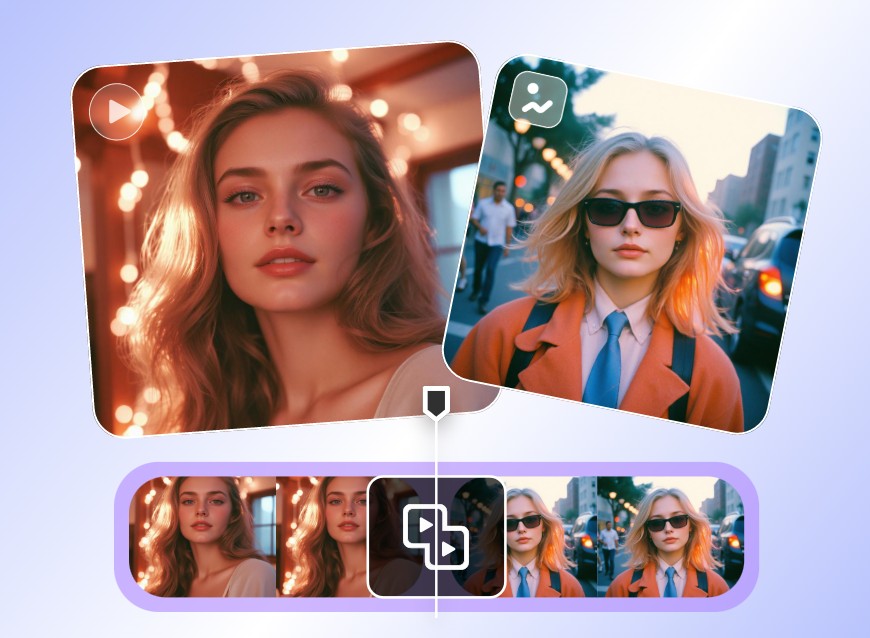 Merge a long curly hair girl video and a shor hair girl photo