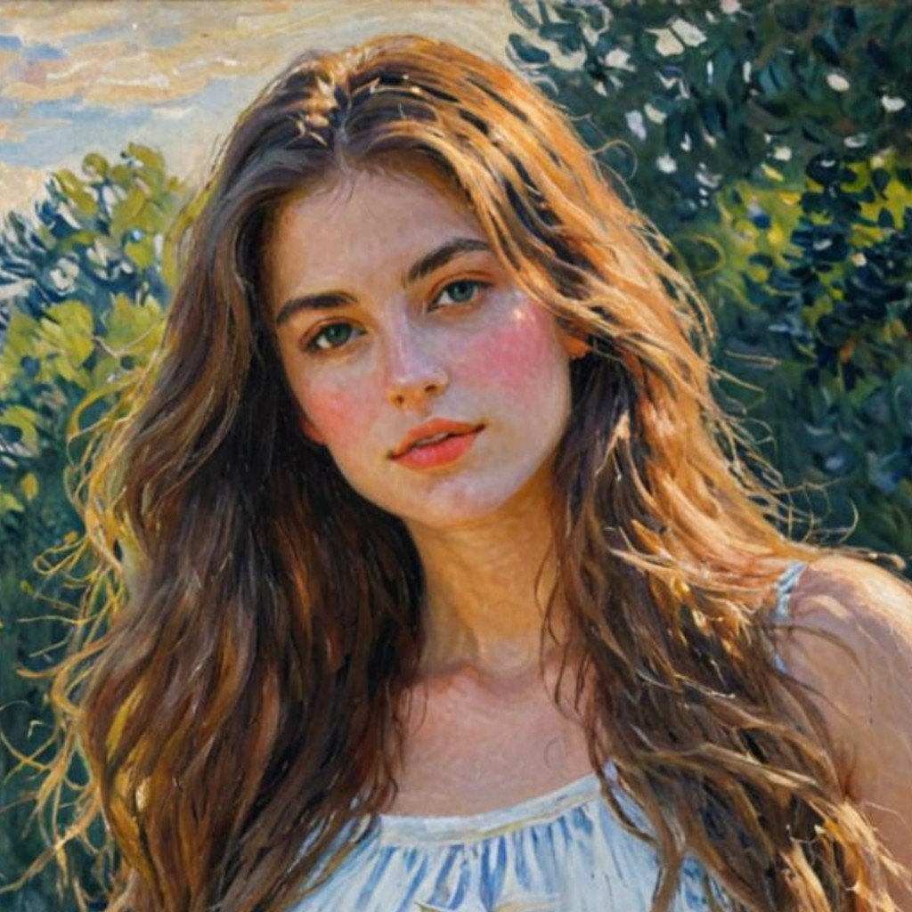 Monet style girl avatar with long curly hair and blue dress with green forest in the background