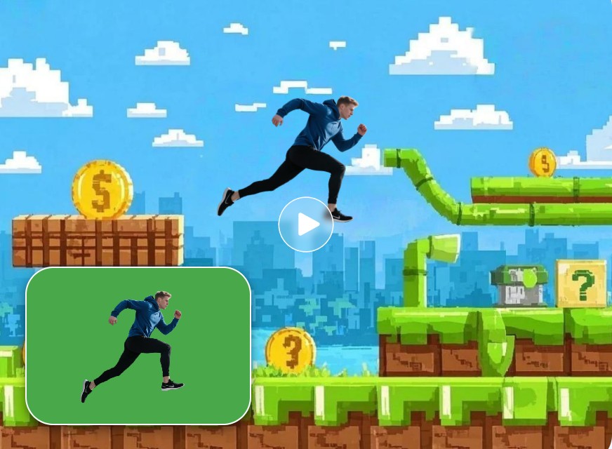 Remove the green screen background from a running man video and put the man in a game world