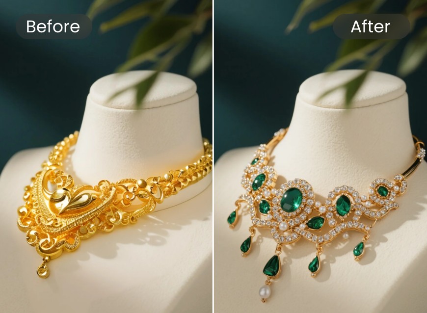 Substitua um colar de ouro por um colar de pedras verdes e diamantes prateados