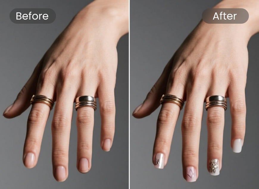 Substitua uma mão comum por uma manicure branca cremosa com elementos metálicos