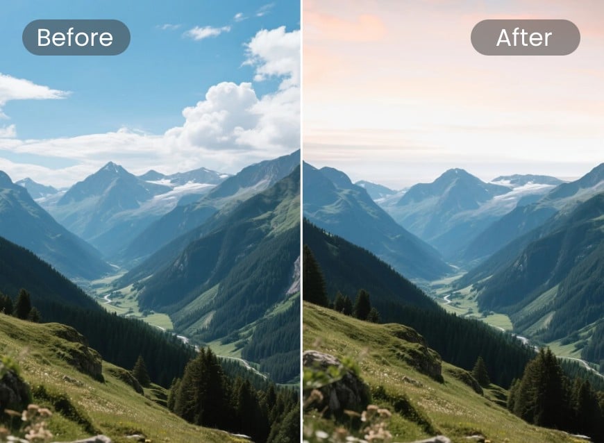 Substitua o fundo do céu azul atrás das montanhas ondulantes por um lindo pôr do sol