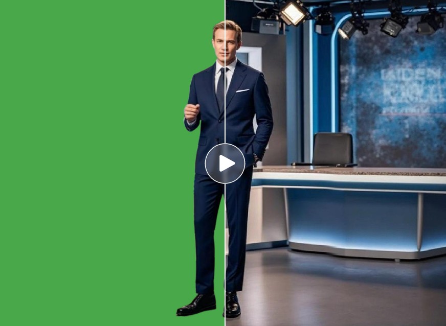 Replace the green screen background of a deep blue suit man video with a news office