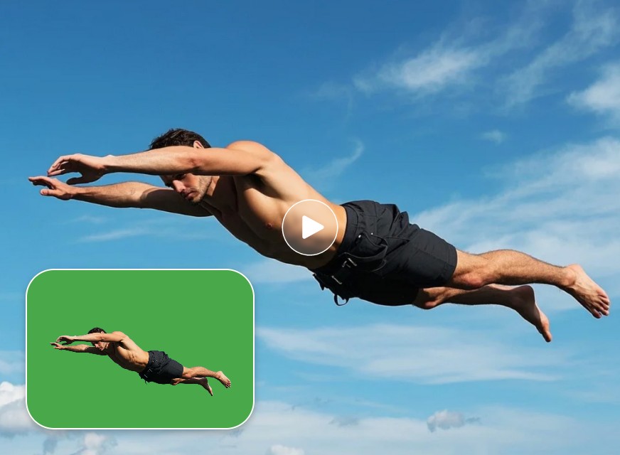 Replace the green screen background of a man with blue sky image