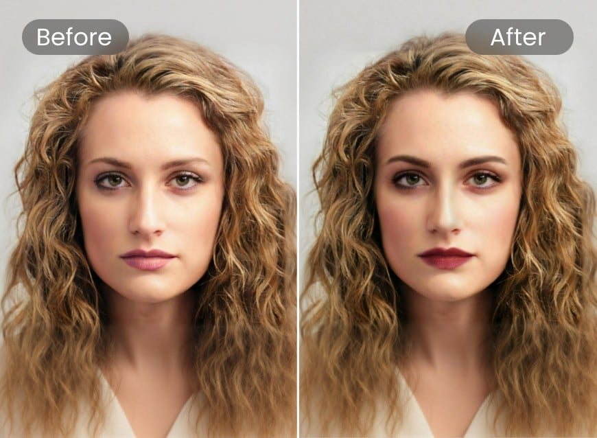 Substituir o rosto sem maquiagem de uma menina com cabelo cacheado médio com retoque de sobrancelhas e olhos e batom