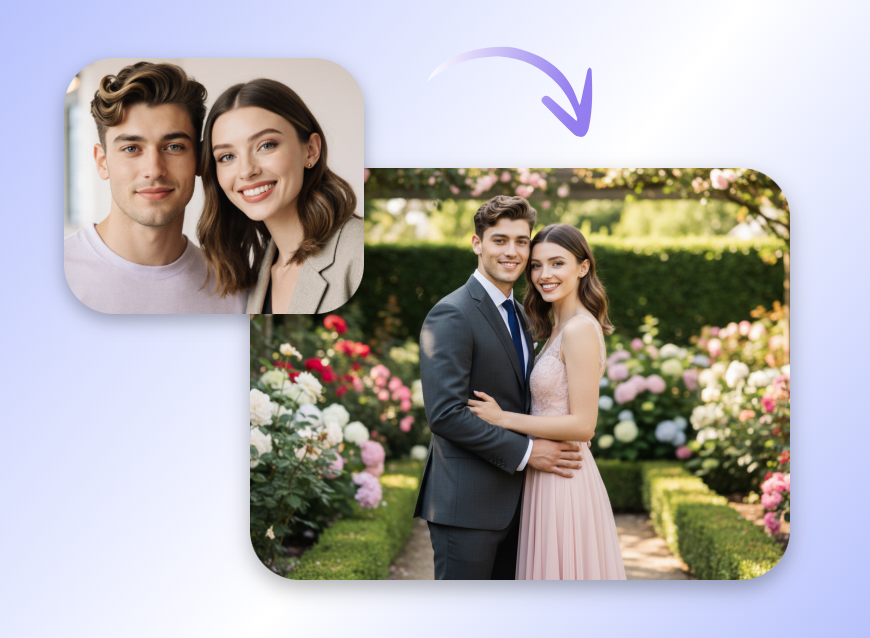 Romantic garden wedding photo of a couple in formal wear surrounded by blooming flowers