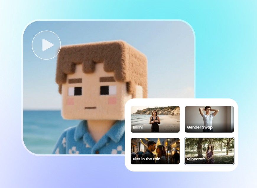 Selecione o estilo minecraft e converta o homem da camiseta azul em um vídeo no estilo minecraft