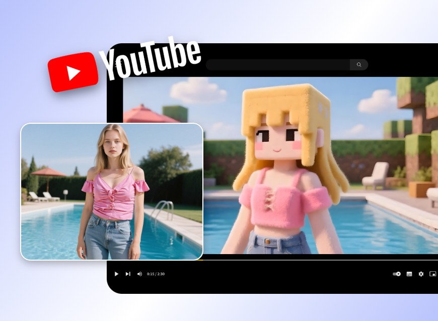 Compartilhe um vídeo de transformação no Minecraft de uma garota com um top rosa