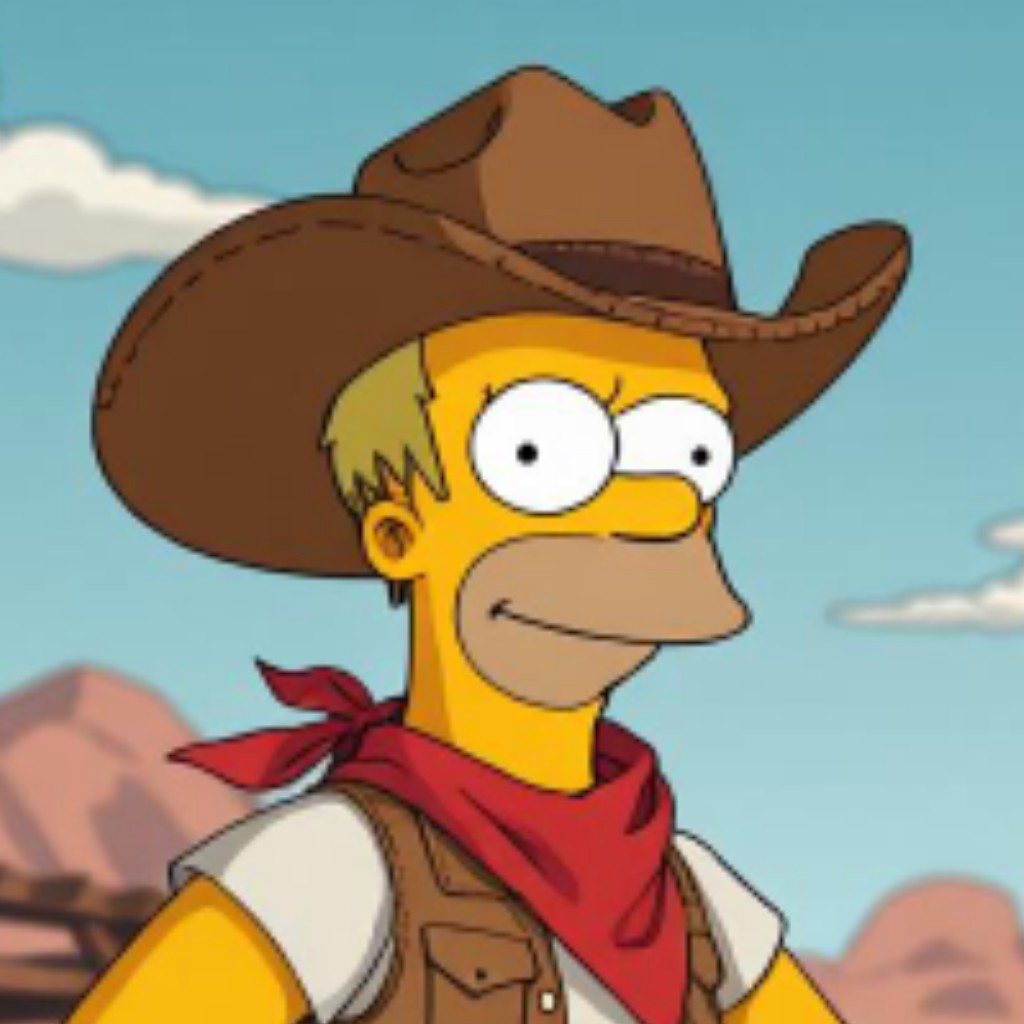 Simpsons style desert cowboy avatar with hat and red scarf