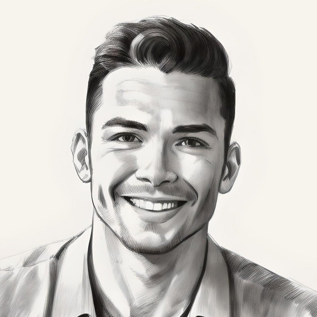 Sketch style avatar of a smiling boy with short hair wearing a shirt