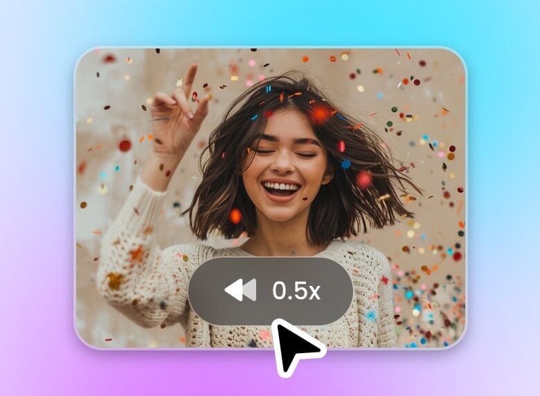 Slow the video of a girl smiling at falling ribbons to 0 5x speed
