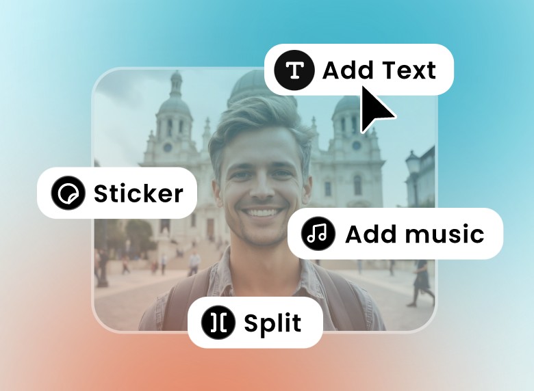 Divida e adicione adesivos de texto e música ao seu vídeo enviado