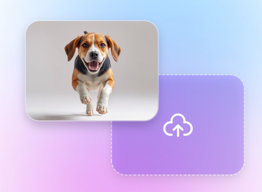 Step 1 upload a photo of a black yellow and white puppy running with a gray background