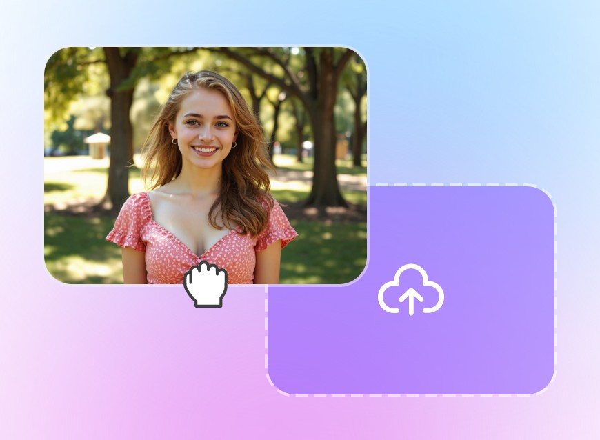 Schritt 1: Laden Sie ein Bild eines Mädchens, das in einem Park steht und ein rosa gepunktetes Kleid trägt, in unseren Meerjungfrau-KI-Generator hoch