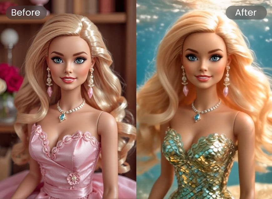 Verwandle eine blonde Barbie im rosa Prinzessinnenkleid in eine Meerjungfrau mit goldenen Schuppen