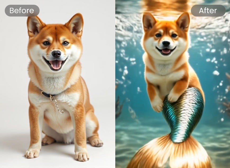 Verwandeln Sie einen süßen gelben Corgi in eine Unterwasser-Hunde-Meerjungfrau