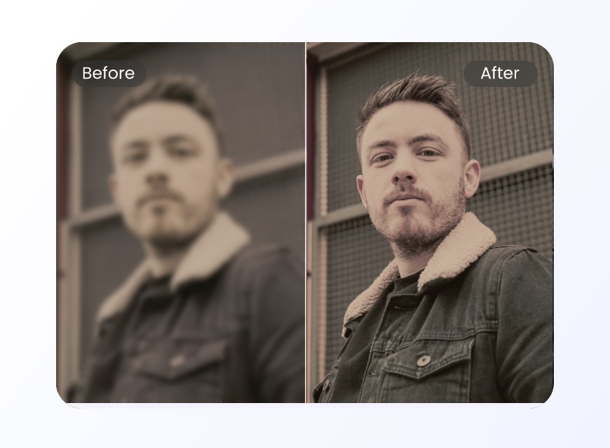 Turn a faded old photo of a man with short hair wearing a jacket into a clear one