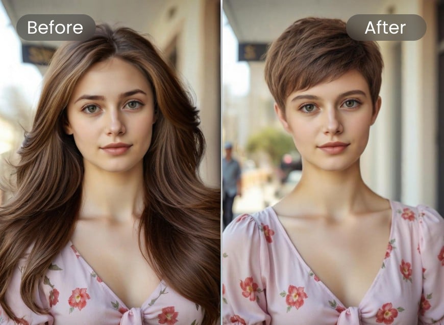 Transforme uma garota com um vestido floral rosa de cabelo longo em cabelo curto com substituto de IA