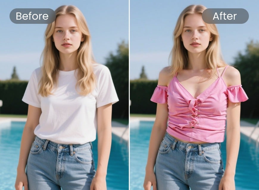 Transforme uma garota com longos cabelos loiros e mangas curtas brancas em um top rosa