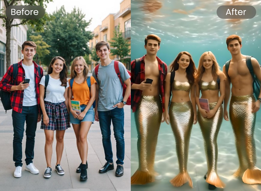 Verwandeln Sie ein Gruppenfoto von vier jungen und energiegeladenen College-Studenten in ein Meerjungfrauen-Video