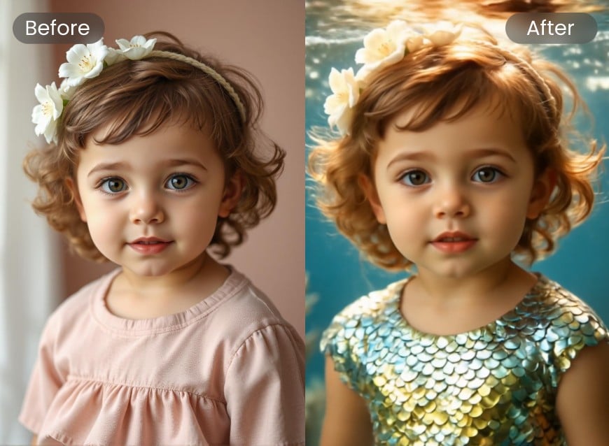 Verwandeln Sie ein kleines Mädchen mit einem Kranz auf dem Kopf in eine Baby-Meerjungfrau