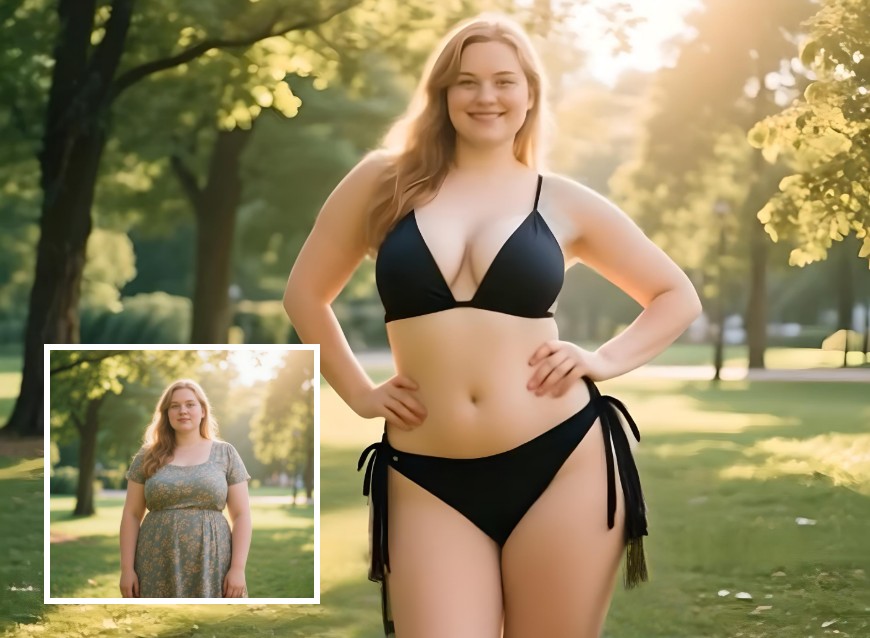 Turn the costume of a slightly chubby girl in green floral dress in the shade of the park into a black bikini look