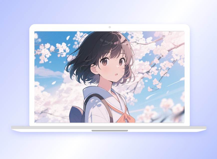 Use an anime photo of a short haired Japanese girl wearing a sailor suit standing under a cherry blossom tree as computer wallpaper