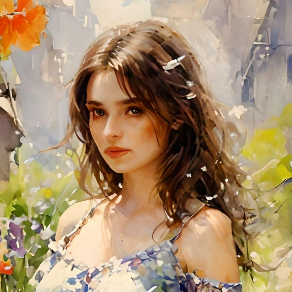 Watercolor style female avatar with medium length curly hair and floral dress standing in flowers