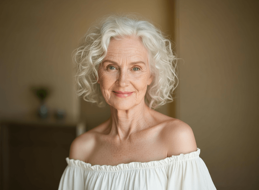 A 70 year old woman in white dress generated with clipfly old filter