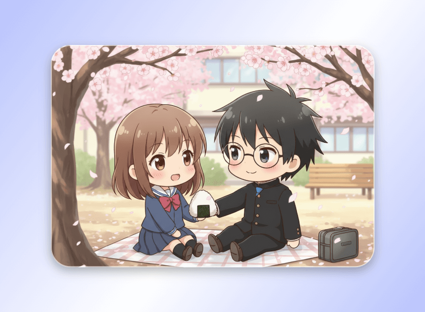 A Japanese anime couple sitting under the cherry tree