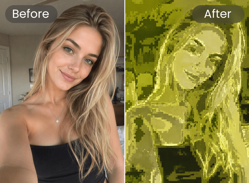 A before and after comparison of adding matcha filter to a beautiful womans selfie