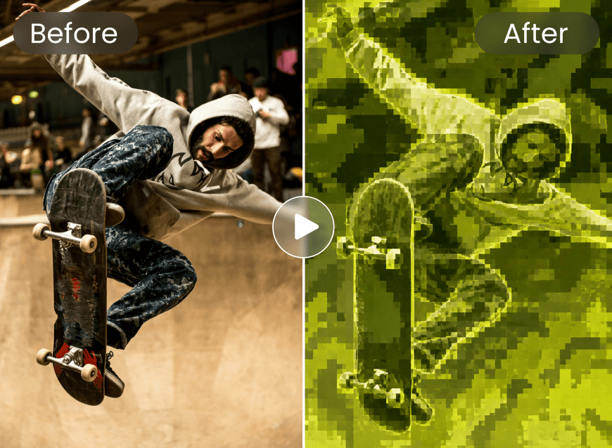 A before and after comparison of adding matcha filter to a man skateboarding video