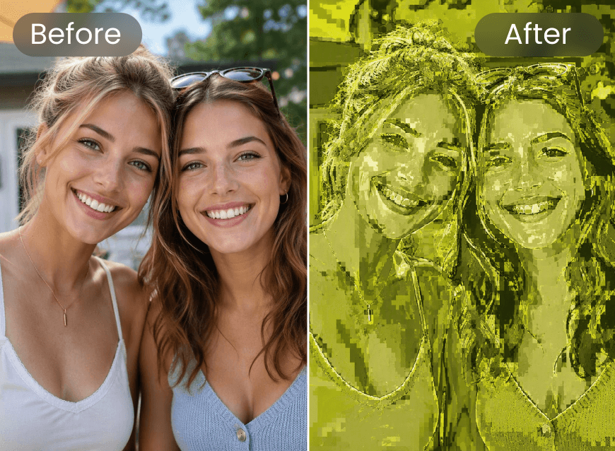 A before and after comparison of applying matcha trend filter to a best friends photo