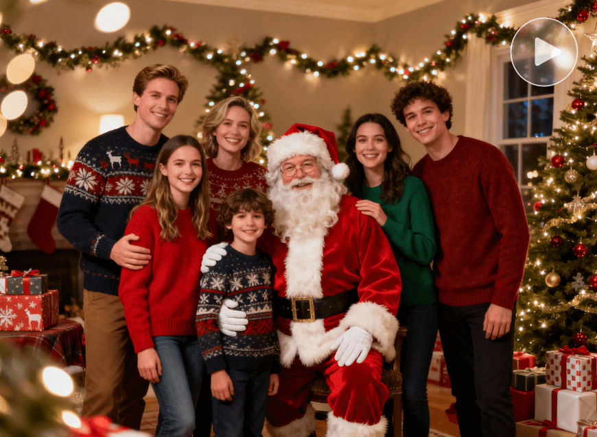 Une grande famille prenant une photo avec le Père Noël dans une pièce festive décorée pour Noël